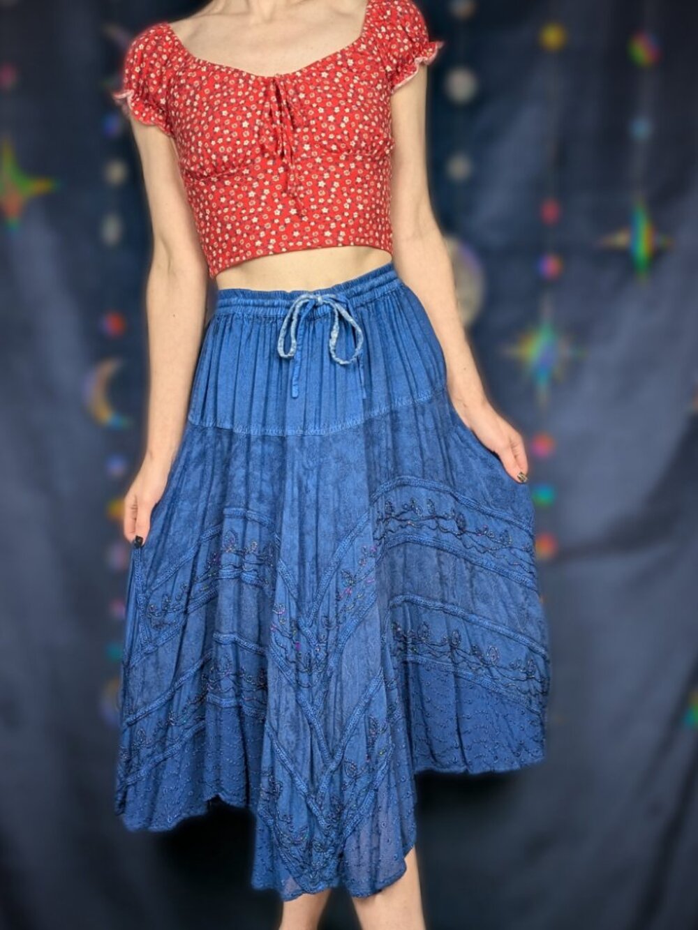 Tiered Boho Midi Skirt with Metallic Thread (Free Size)